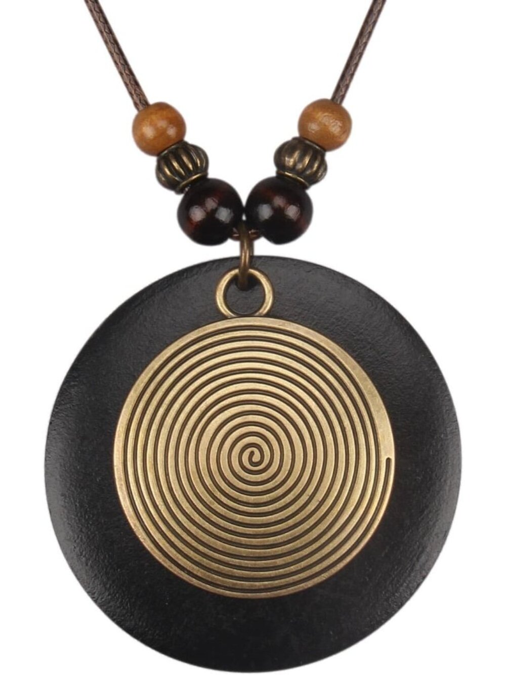 Women's Boho Wooden Spiral Pendant Necklace Vintage Round Disc Cord Choker